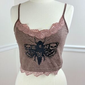 Y2K Brown Crop Camisole Fly With Skulls Bronze Stretch Lace Small